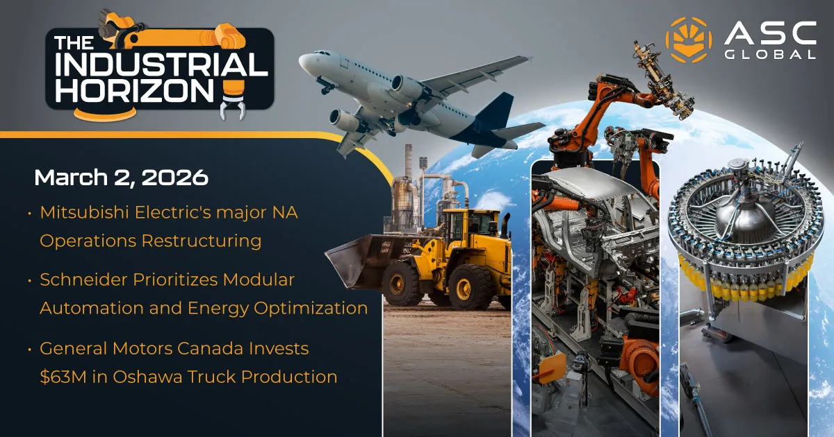 Banner for ASC Global’s Industrial Horizon debut report featuring a modern industrial montage: a commercial aeroplane symbolizing aerospace MRO, a large-scale mining operation with heavy equipment, a robotic assembly arm in an automated factory line, and an industrial bottling machine in a high-speed production environment. The visuals convey advanced manufacturing, automation, energy, and heavy industry sectors aligned with B2B and MRO markets.