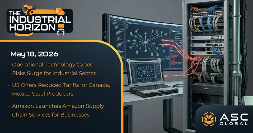 Industrial-Horizon-Banner-May-18 Banner illustration showing a connected industrial facility protected against cyber threats, featuring manufacturing equipment, industrial control systems, digital networks, and cybersecurity shields. The image represents the growing cybersecurity risks facing operational technology (OT) environments, highlighting threats to industrial automation, critical infrastructure, remote access systems, and the need for stronger IT-OT security, continuous monitoring, and network protection strategies.