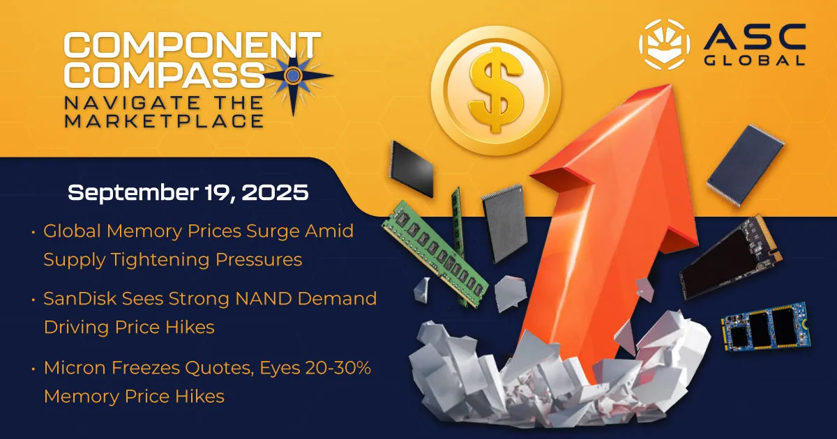 Update_46_Web A giant golden dollar sign emerges through the floor with a bold arrow, symbolizing rising costs, while NAND and DRAM memory chips fly around it, illustrating the sharp price hikes in the global Memory Market. Banner for ASC Global’s Component Compass report.