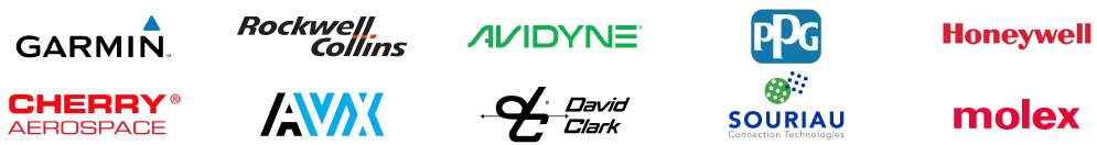 Image of logos of top Aerospace and Defense components manufacturers featured by ASC Global: Garmin, Rockwell Collins, Avidyne, PPG Aerospace, Honeywell, Cherry Aerospace, AVX, David Clark, Souriau and Molex