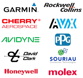 Vertical image of logos of top Aerospace and Defense components manufacturers featured by ASC Global: Garmin, Rockwell Collins, Avidyne, PPG Aerospace, Honeywell, Cherry Aerospace, AVX, David Clark, Souriau and Molex