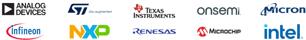 Logos of top Automotive components manufacturers featured by ASC Global: Analog Devices, STMicroelectronics, Infineon, NXP, Texas Instruments, Renesas, Onsemi, Microchip, Micron and Intel
