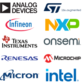 Vertical image of logos of top Automotive components manufacturers featured by ASC Global: Analog Devices, STMicroelectronics, Infineon, NXP, Texas Instruments, Renesas, Onsemi, Microchip, Micron and Intel