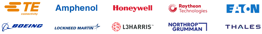 Image of logos of top Medical components manufacturers featured by ASC Global: TE Connectivity, Amphenol, Honeywell, Raytheon Technologies, Eaton, Boeing, Lockheed Martin, L3Harris Technologies, Northrop Grumman and Thales Group