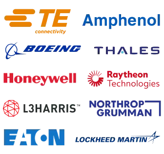 Vertical image of logos of top Medical components manufacturers featured by ASC Global: TE Connectivity, Amphenol, Honeywell, Raytheon Technologies, Eaton, Boeing, Lockheed Martin, L3Harris Technologies, Northrop Grumman and Thales Group