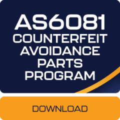 Button labeled 'AS 6081:2012 Certification' linking to ASC Global's compliance with guidelines for preventing counterfeit goods throughout the aerospace industry's supply chain