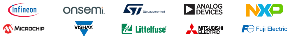 Image of logos of top Energy components manufacturers featured by ASC Global: Infineon, Onsemi, STMicroelectronics, Analog Devices, NXP,  Microchip Technology, Vishay,  Littelfuse, Mitsubishi Electric and Fuji Electric
