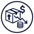 Package box with dollar sign and down arrow icon representing financial decay as excess inventory incurs high carrying costs and rapid depreciation without structured liquidation.