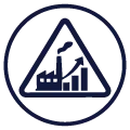 Factory with upward arrow inside a triangle icon representing systemic excess driven by fragmented MRO procurement, gut-based forecasting, and inaccurate Material Master Data.