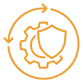 Shield in front of a gear icon representing ASC Global’s obsolescence mitigation benefit, helping prevent write-offs, avoid downtime, and maintain supply chain fluidity for aging or E&O inventory.