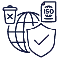 Globe with trash can marked with an X, ISO document, and shield with check mark icon representing ASC Global’s regulatory compliance assurance with full alignment to e-waste, ITAD, and data protection standards.