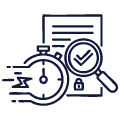 Speed clock and magnifying lens over a document icon representing ASC Global’s speed and transparency through fast liquidation cycles, detailed reporting, and full auditability.