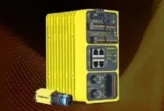 Illustration of an AI-powered machine vision system monitoring a high-speed production line, with industrial cameras, digital inspection displays, and automated quality control processes. The image represents Cognex's In-Sight 6900 Vision Controller, highlighting edge AI computing, high-resolution inspection, defect detection, optical character recognition (OCR), multi-camera synchronization, and advanced factory automation for manufacturing quality assurance.