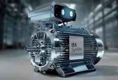 Illustration of a high-efficiency industrial electric motor operating in a hazardous manufacturing environment, surrounded by process equipment, control systems, and energy infrastructure. The image represents ABB's M2BE motor, the world's first magnet-free IE6 efficiency-class motor certified for hazardous zones, highlighting ultra-high energy efficiency, reduced reliance on rare earth materials, lower operating costs, enhanced reliability, and advanced industrial motor technology.