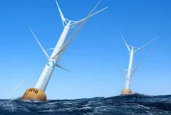 Illustration of a massive floating offshore wind turbine operating in deep ocean waters, generating renewable energy against a coastal horizon. The image represents China's 16-MW Three Gorges Pilot floating wind platform, highlighting large-scale clean energy generation, deep-sea wind power development, advanced offshore engineering, and expanded access to stronger and more consistent renewable energy resources.