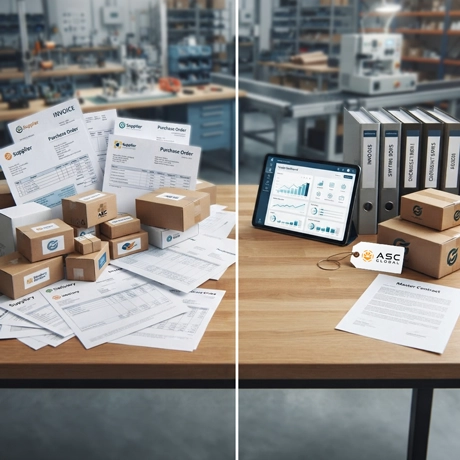 vendor_image_01 Desk divided into two sides: the left shows disorganized documents, packages, and purchasing paperwork, while the right shows neatly organized documents and packages, illustrating how vendor consolidation simplifies MRO and industrial purchasing, invoicing, sourcing, and supply-chain management.